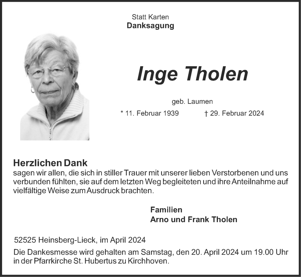  Traueranzeige für Inge Tholen vom 14.04.2024 aus Zeitung am Sonntag
