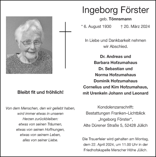 Traueranzeige von Ingeborg Förster von Zeitung am Sonntag