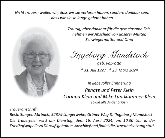 Traueranzeige von Ingeborg Mundstock von Zeitung am Sonntag