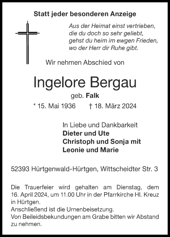 Traueranzeige von Ingelore Bergau von Zeitung am Sonntag