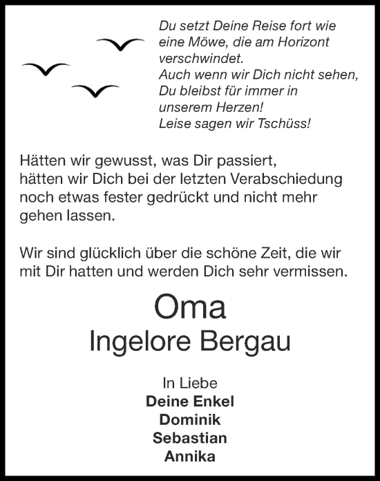 Traueranzeige von Ingelore Bergau von Zeitung am Sonntag