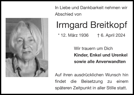 Traueranzeige von Irmgard Breitkopf von Zeitung am Sonntag