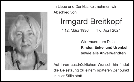 Traueranzeige von Irmgard Breitkopf von Aachener Zeitung