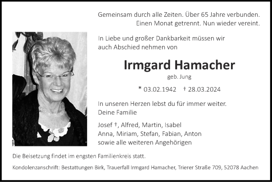 Traueranzeige von Irmgard Hamacher von Zeitung am Sonntag