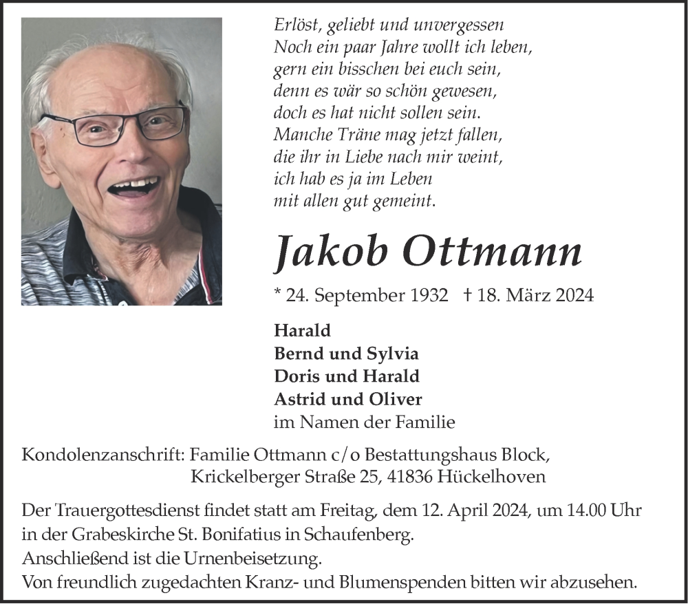  Traueranzeige für Jakob Ottmann vom 07.04.2024 aus Zeitung am Sonntag