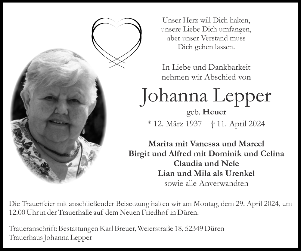  Traueranzeige für Johanna Lepper vom 21.04.2024 aus Zeitung am Sonntag