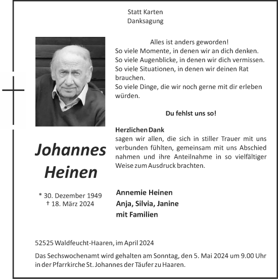 Traueranzeige von Johannes Heinen von Zeitung am Sonntag