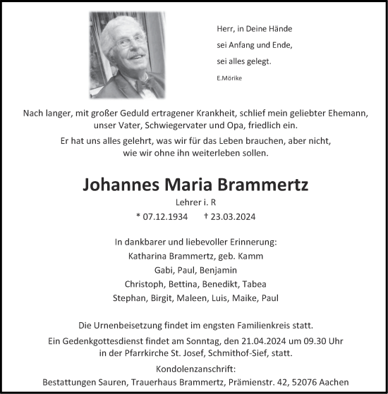 Traueranzeige von Johannes Maria Brammertz von Aachener Zeitung