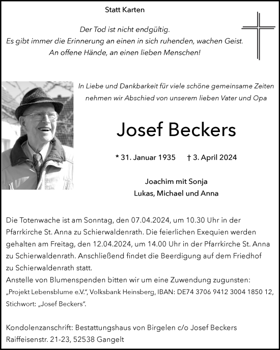 Traueranzeige von Josef Beckers von Zeitung am Sonntag