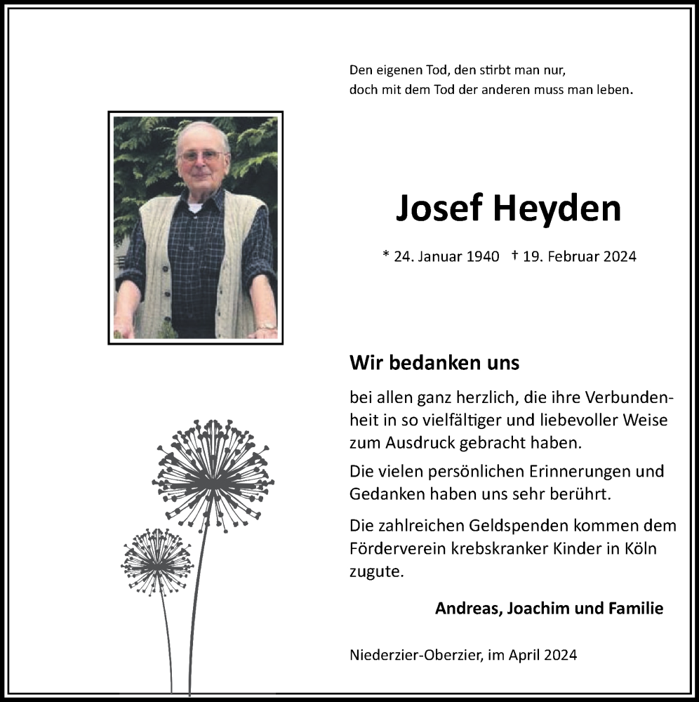  Traueranzeige für Josef Heyden vom 07.04.2024 aus Zeitung am Sonntag