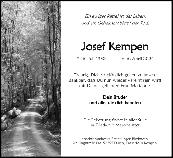 Traueranzeige von Josef Kempen von Zeitung am Sonntag