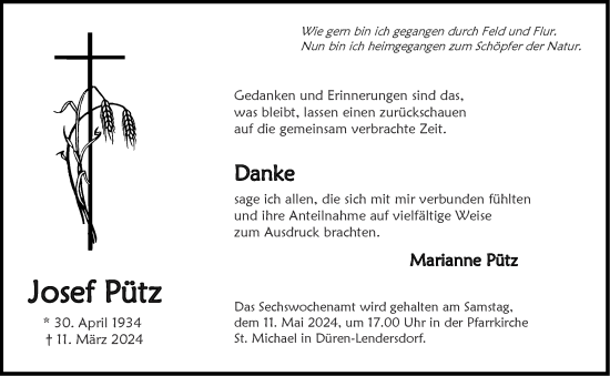 Traueranzeige von Josef Pütz von Aachener Zeitung