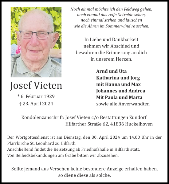 Traueranzeige von Josef Vieten von Zeitung am Sonntag