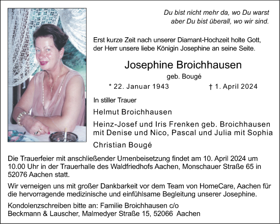Traueranzeige von Josephine Broichhausen von Aachener Zeitung