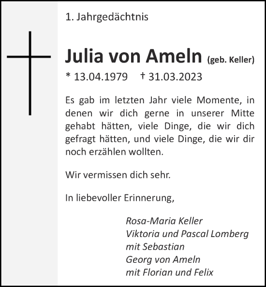Traueranzeige von Julia von Ameln von Zeitung am Sonntag