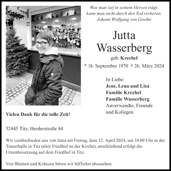 Traueranzeige von Jutta Wasserberg von Zeitung am Sonntag