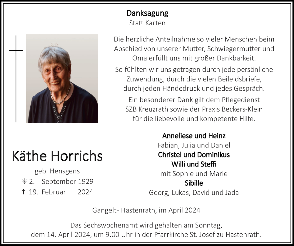  Traueranzeige für Käthe Horrichs vom 07.04.2024 aus Zeitung am Sonntag