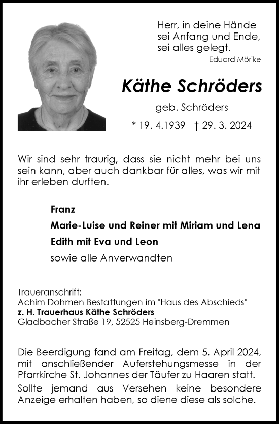 Traueranzeige von Käthe Schröders von Zeitung am Sonntag