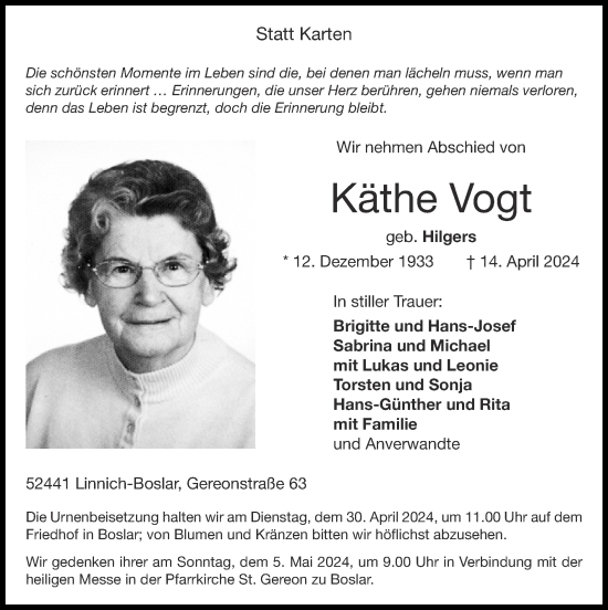 Traueranzeige von Käthe Vogt von Zeitung am Sonntag
