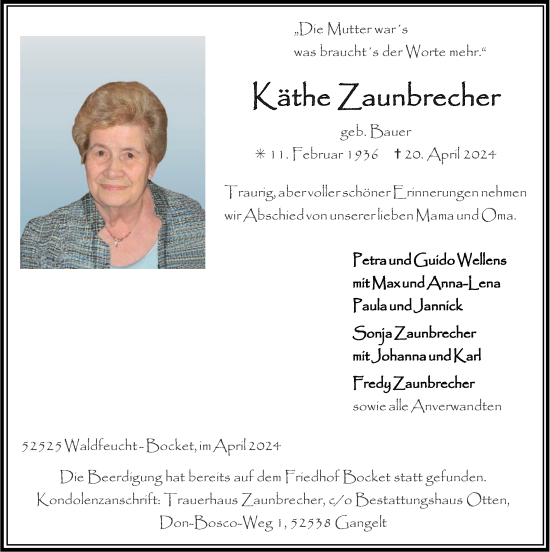 Traueranzeige von Käthe Zaunbrecher von Zeitung am Sonntag