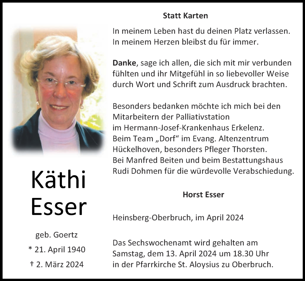  Traueranzeige für Käthi Esser vom 07.04.2024 aus Zeitung am Sonntag