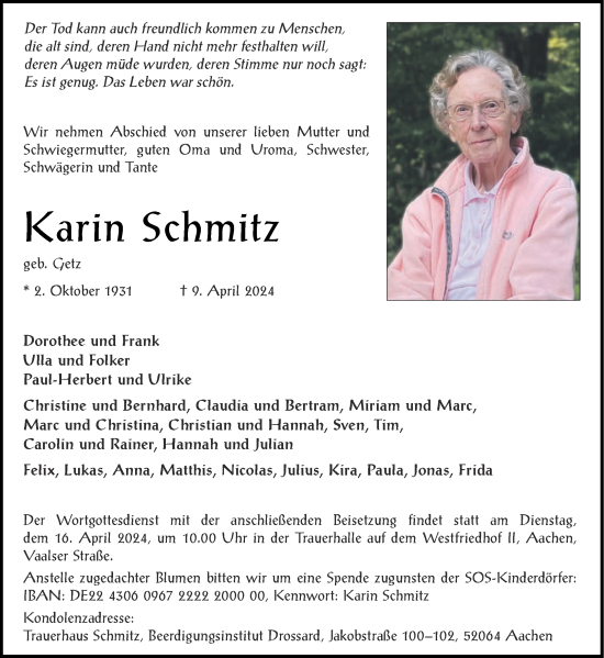 Traueranzeige von Karin Schmitz von Aachener Zeitung