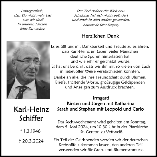 Traueranzeige von Karl-Heinz Schiffer von Zeitung am Sonntag