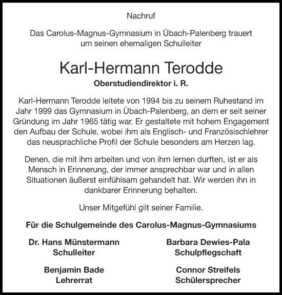 Traueranzeige von Karl-Hermann Terodde von Zeitung am Sonntag
