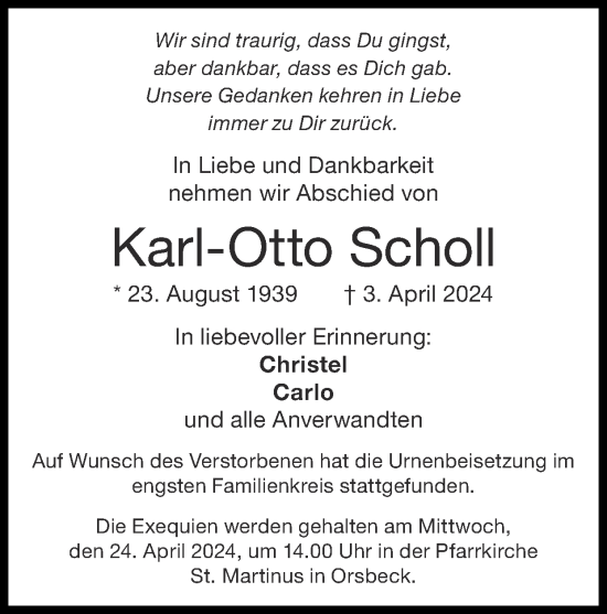 Traueranzeige von Karl-Otto Scholl von Zeitung am Sonntag