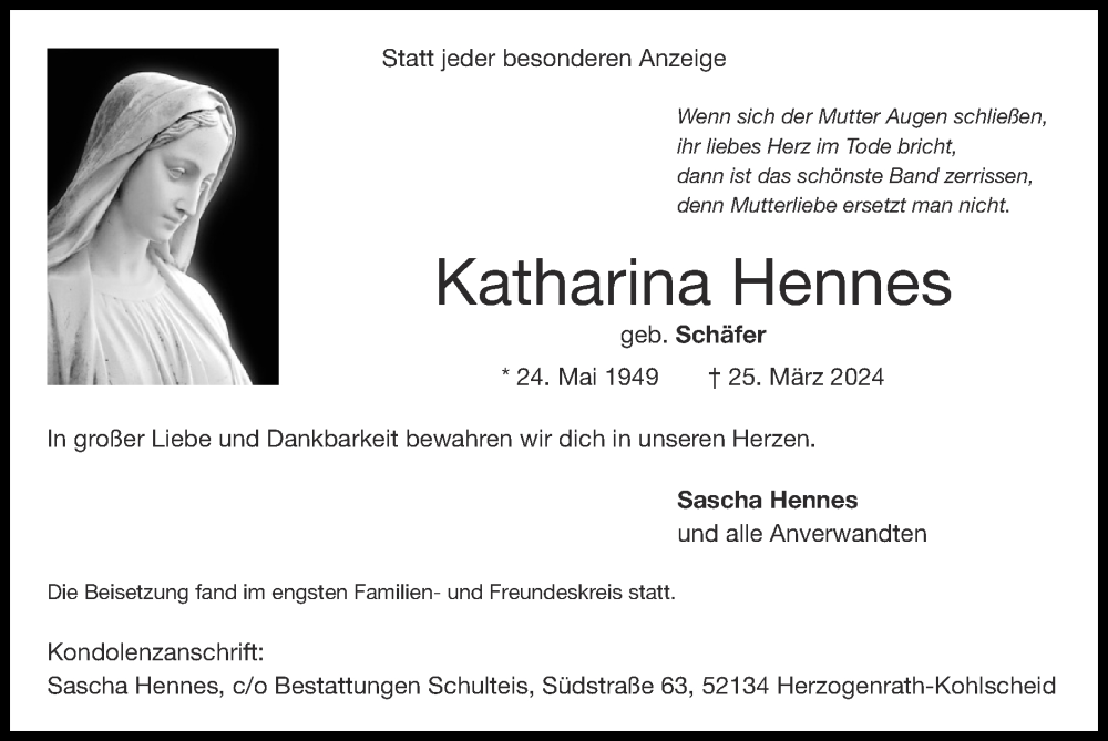  Traueranzeige für Katharina Hennes vom 28.04.2024 aus Zeitung am Sonntag