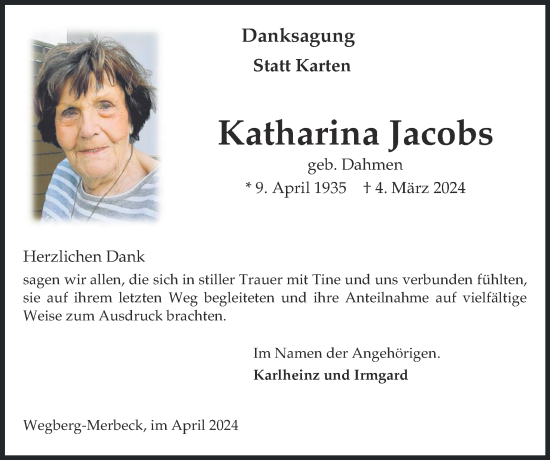 Traueranzeige von Katharina Jacobs von Zeitung am Sonntag