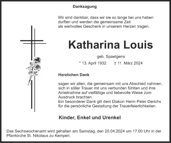 Traueranzeige von Katharina Louis von Zeitung am Sonntag