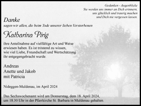 Traueranzeige von Katharina Pirig von Zeitung am Sonntag
