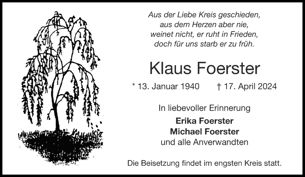  Traueranzeige für Klaus Foerster vom 27.04.2024 aus Aachener Zeitung