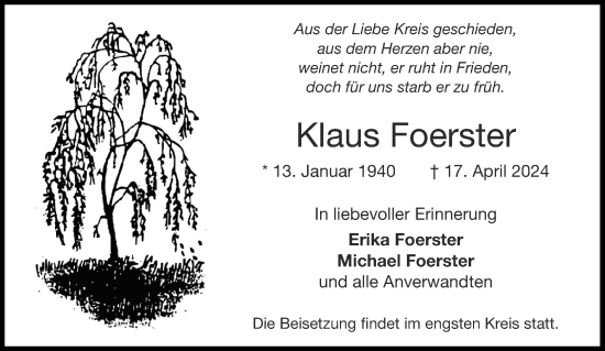 Traueranzeige von Klaus Foerster von Aachener Zeitung