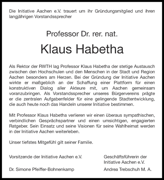 Traueranzeige von Klaus Habetha von Aachener Zeitung