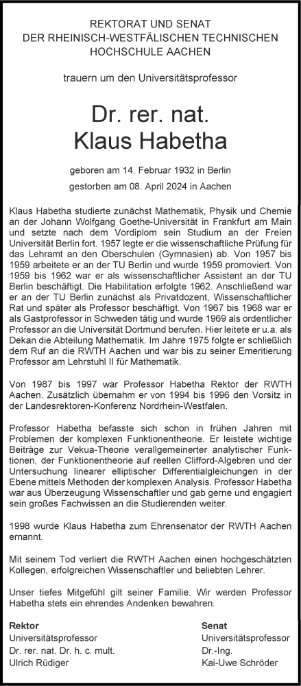 Traueranzeige für Klaus Habetha vom 20.04.2024 aus Aachener Zeitung