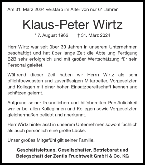 Traueranzeige von Klaus-Peter Wirtz von Zeitung am Sonntag