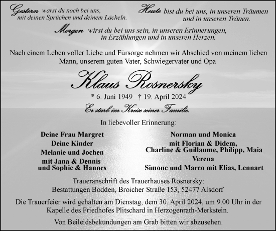 Traueranzeige von Klaus Rosnersky von Zeitung am Sonntag