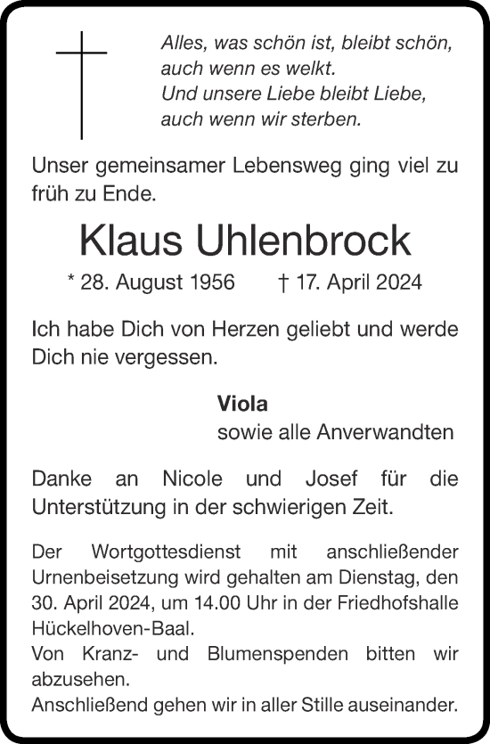 Traueranzeige von Klaus Uhlenbrock von Zeitung am Sonntag