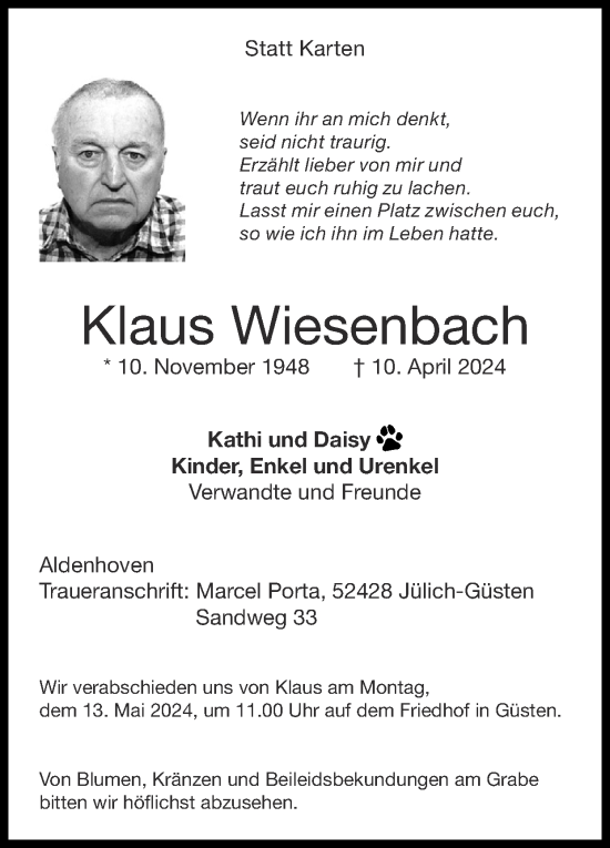 Traueranzeige von Klaus Wiesenbach von Zeitung am Sonntag