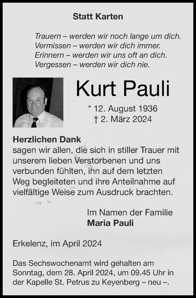  Traueranzeige für Kurt Pauli vom 21.04.2024 aus Zeitung am Sonntag