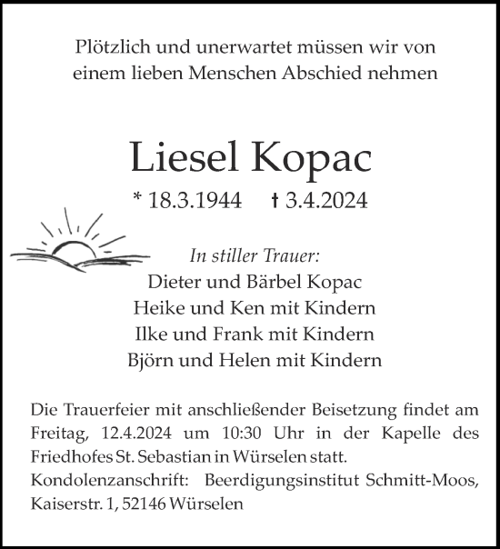 Traueranzeige von Liesel Kopac von Aachener Zeitung