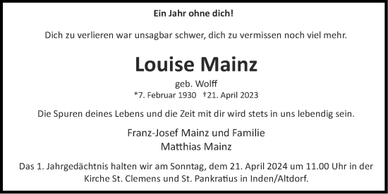 Traueranzeige von Louise Mainz von Zeitung am Sonntag