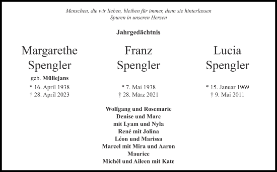 Traueranzeige von Lucia Spengler von Zeitung am Sonntag
