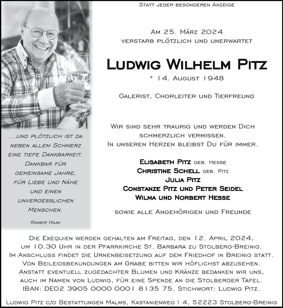  Traueranzeige für Ludwig Wilhelm Pitz vom 07.04.2024 aus Zeitung am Sonntag