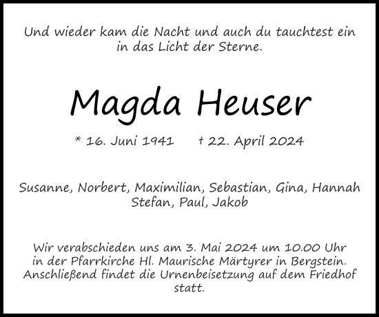 Traueranzeige von Magda Heuser von Zeitung am Sonntag