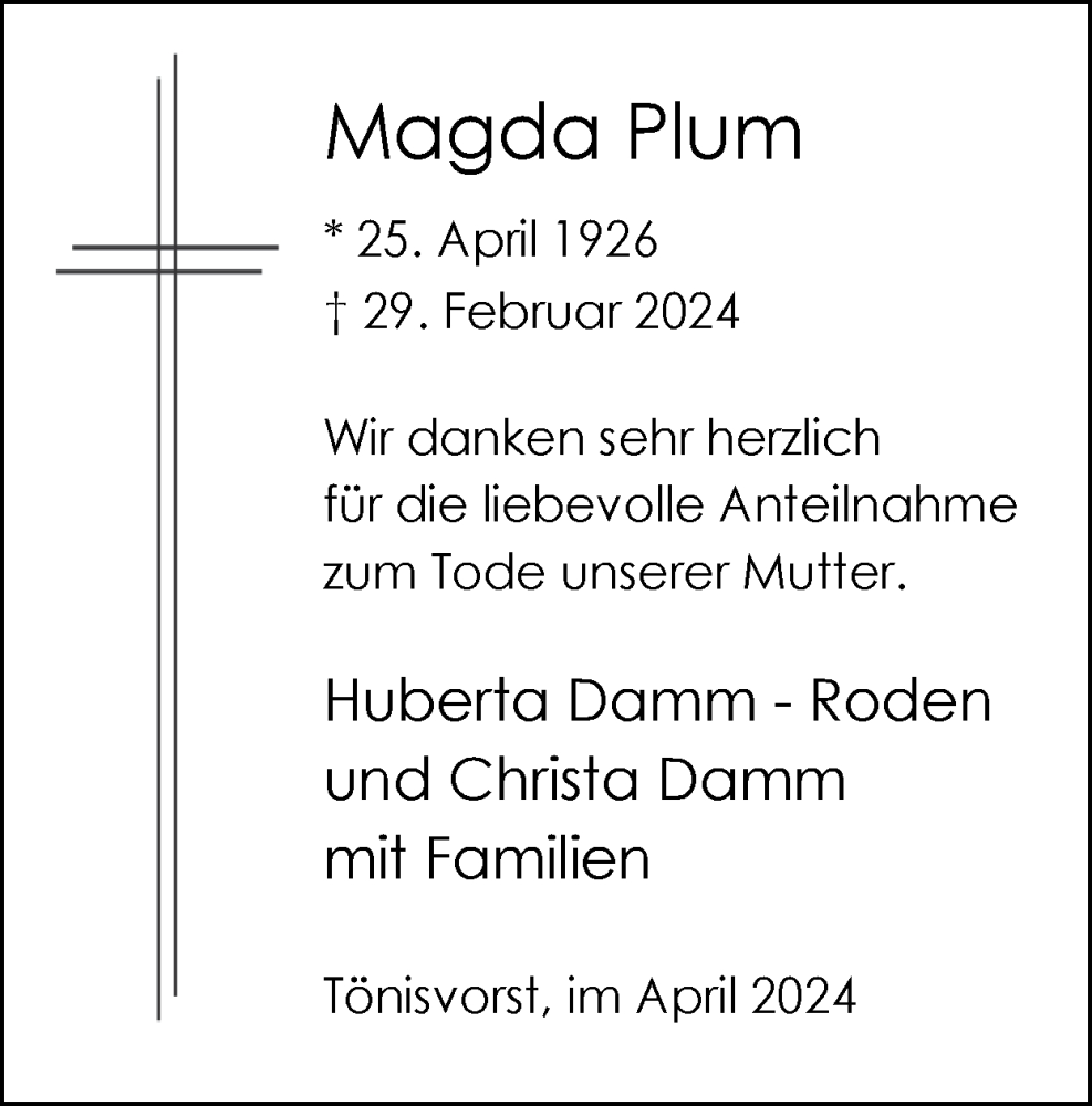  Traueranzeige für Magda Plum vom 14.04.2024 aus Zeitung am Sonntag