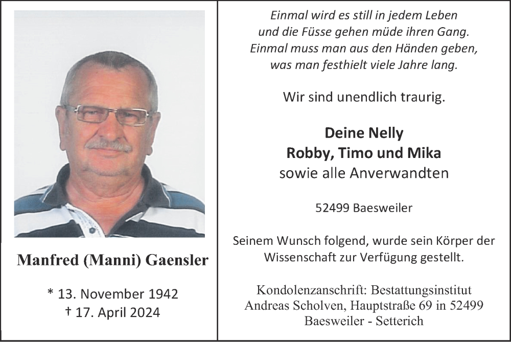  Traueranzeige für Manfred Gaensler vom 28.04.2024 aus Zeitung am Sonntag
