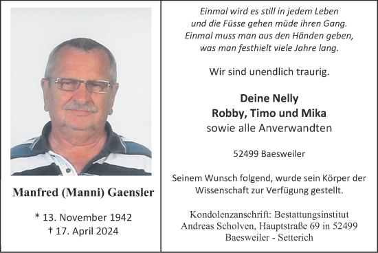 Traueranzeige von Manfred Gaensler von Zeitung am Sonntag